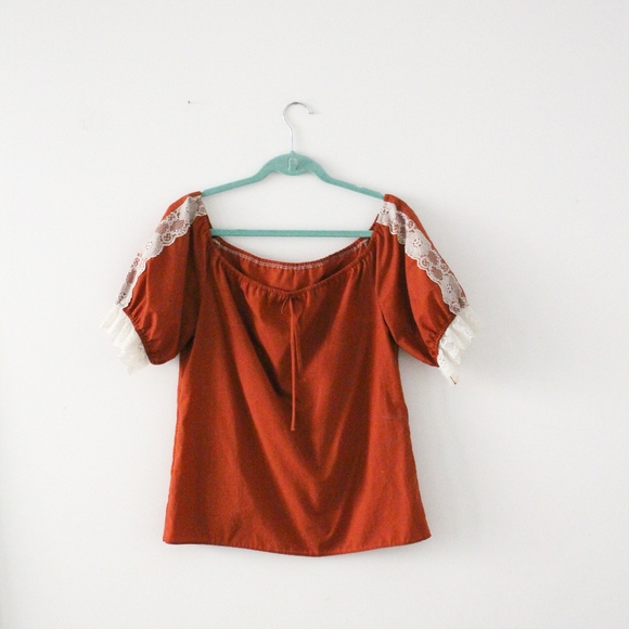 SOLD - Vintage 1970s Deep Orange Rust Off the Shoulder Western Style - Picture 2 of 11